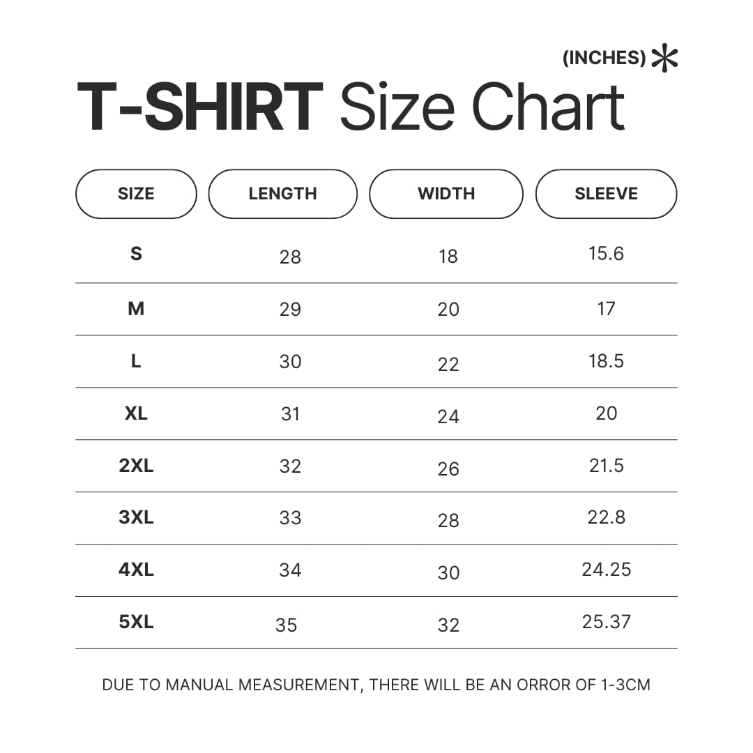 T shirt Size Chart - Sword Art Online Merch