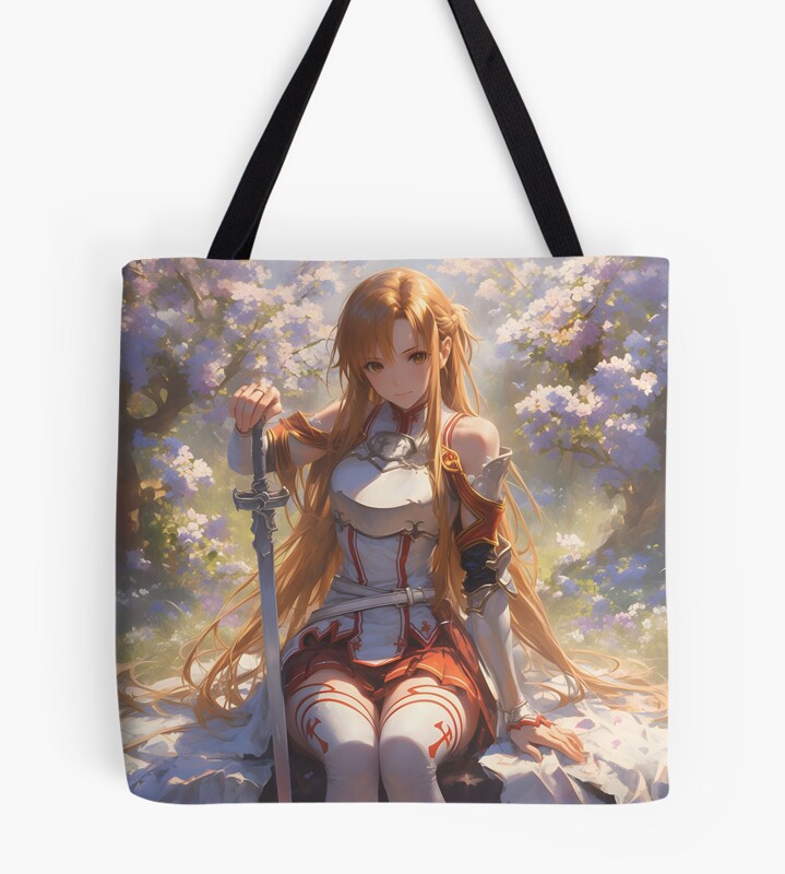 Asuna Sao Cute Anime Girl With A Sword Sitting On A Bench Surrounded By Flowers Oil Painting Style Tote Bag