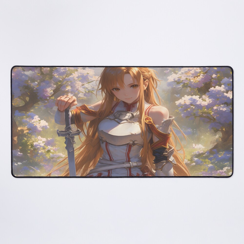 Asuna Sao Cute Anime Girl With A Sword Sitting On A Bench Surrounded By Flowers Oil Painting Style Mouse Pad