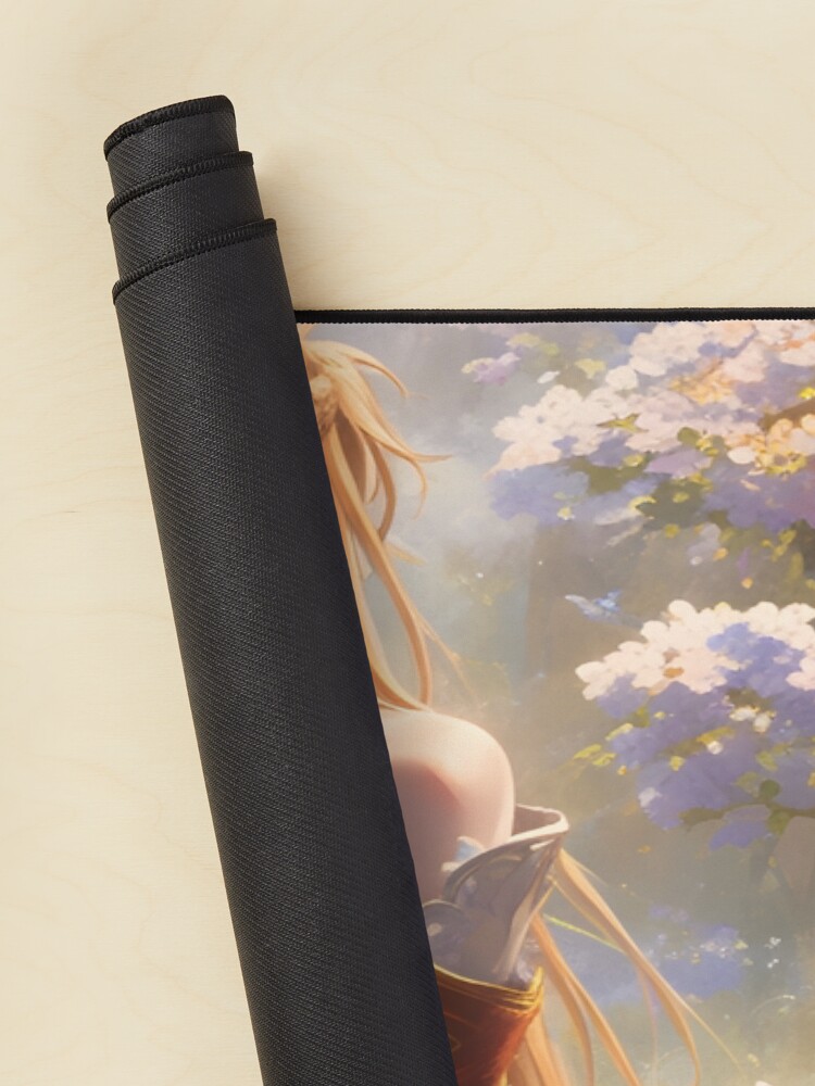 Asuna Sao Cute Anime Girl With A Sword Sitting On A Bench Surrounded By Flowers Oil Painting Style Mouse Pad - Image 2